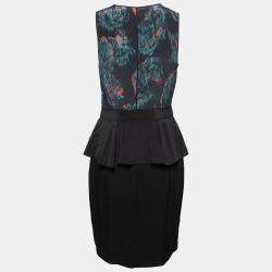 Marchesa Voyage Black Ikkat Print Silk Sleeveless Peplum Dress M