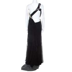 Marchesa Black Silk Embellished Bodice Evening Gown M 