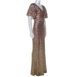 Marchesa Notte Blush & Gold Ombre Sequin Embellished Detail Gown S
