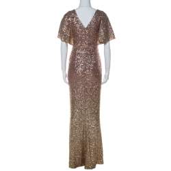 Marchesa Notte Blush & Gold Ombre Sequin Embellished Detail Gown S