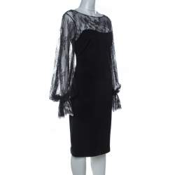 Marchesa Notte Black Silk Sheer Lace Yoke Detail Shift Dress L