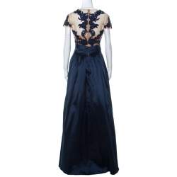 Marchesa Notte Navy Blue Taffeta Embroidered Bodice Detail Mikado Gown XL