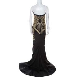 Marchesa Black Embellished Silk Slub Strapless Gown L
