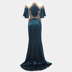 MARCHESA VOYAGE Blue Crystal Embellished Silk Satin Gown S