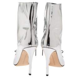 Marco de Vincenzo Silver Patent Leather And PVC Bow Pointed Toe Ankle Boots Size 38.5