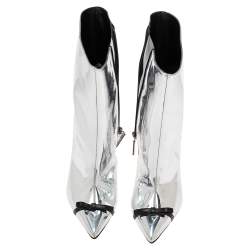 Marco de Vincenzo Silver Patent Leather And PVC Bow Pointed Toe Ankle Boots Size 38.5