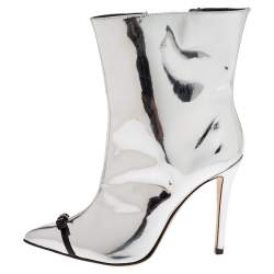 Marco de Vincenzo Metallic Silver Leather Bow Pointed Toe Ankle Boots Size 37.5
