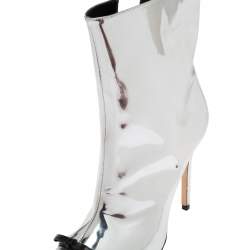 Marco de Vincenzo Metallic Silver Leather Bow Pointed Toe Ankle Boots Size 37.5