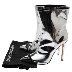 Marco de Vincenzo Metallic Silver Leather Bow Pointed Toe Ankle Boots Size 37.5