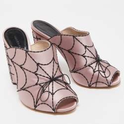 Marco de Vincenzo Pink Satin Spider Web Embroidered Open Toe Mules Size 39.5