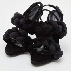 Marco de vincenzo Black Braided Glitter Velvet Ankle Strap Sandals Size 38.5