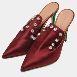 Marco de vincenzo Burgundy Satin Crystals Embellished Pointed Toe Mules Size 40