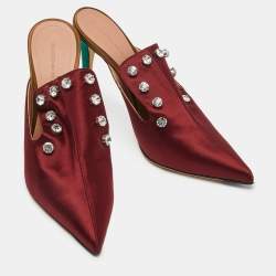 Marco de vincenzo Burgundy Satin Crystals Embellished Pointed Toe Mules Size 40