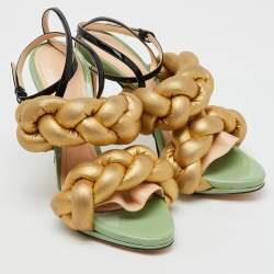 Marco de vincenzo Gold/Black Metallic Leather and Patent Leather Ankle Strap Sandals Size 39.5