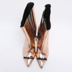 Pre Owned Marco de Vincenzo Metallic Rose Gold Leather Bow Pointed Toe Ankle Boots Size 39