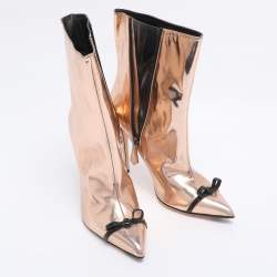 Pre Owned Marco de Vincenzo Metallic Rose Gold Leather Bow Pointed Toe Ankle Boots Size 39