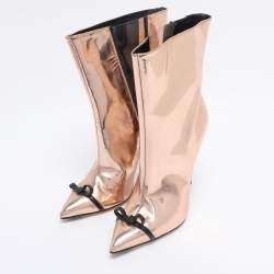 Pre Owned Marco de Vincenzo Metallic Rose Gold Leather Bow Pointed Toe Ankle Boots Size 39