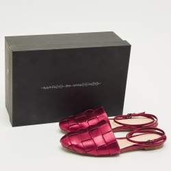 Pre Owned Marco de vincenzo Red Leather Ankle Strap Flats Size 38.5