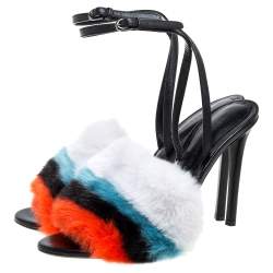 Pre Owned Marco De Vincenzo Multi Color Leather and Striped Faux Fur Slingback Sandals Size 38.5