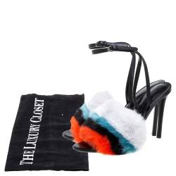 Pre Owned Marco De Vincenzo Multi Color Leather and Striped Faux Fur Slingback Sandals Size 38.5