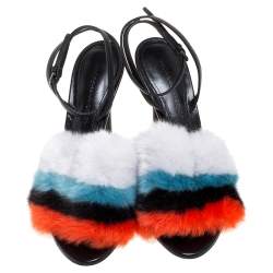 Pre Owned Marco De Vincenzo Multi Color Leather and Striped Faux Fur Slingback Sandals Size 38.5