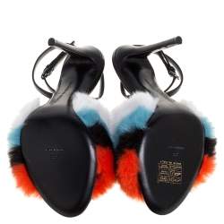 Pre Owned Marco De Vincenzo Multi Color Leather and Striped Faux Fur Slingback Sandals Size 38.5