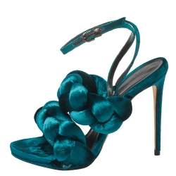 Pre Owned Marco de Vincenzo Teal Green Velvet Braided Ankle Strap Sandals Size 40