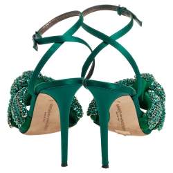 Marco de vincenzo Green Crystal Embellished Satin Knotted Ankle Strap Sandals Size 38.5