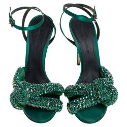 Marco de vincenzo Green Crystal Embellished Satin Knotted Ankle Strap Sandals Size 38.5