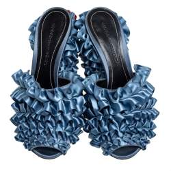 Marco de vincenzo Blue Satin Ruffle Mule Sandals Size 37.5