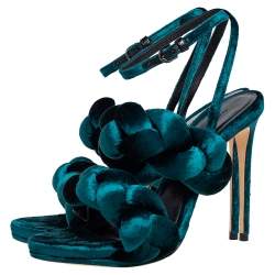 Marco de Vincenzo Teal Green Velvet Braided Ankle Strap Sandals Size 38.5