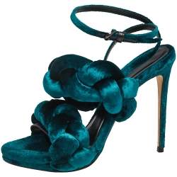 Marco de Vincenzo Teal Green Velvet Braided Ankle Strap Sandals Size 38