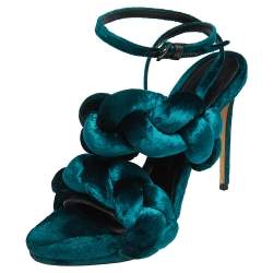 Marco de Vincenzo Teal Green Velvet Braided Ankle Strap Sandals Size 38