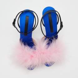 Marco De Vincenzo Pink/Black Marabou Feather And Patent Leather Ankle Strap Sandals Size 37