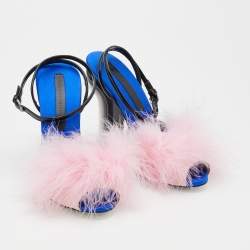 Marco De Vincenzo Pink/Black Marabou Feather And Patent Leather Ankle Strap Sandals Size 37
