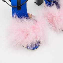 Marco De Vincenzo Pink/Black Marabou Feather And Patent Leather Ankle Strap Sandals Size 37