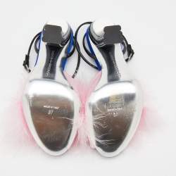 Marco De Vincenzo Pink/Black Marabou Feather And Patent Leather Ankle Strap Sandals Size 37