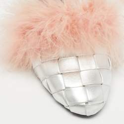 Marco de Vincenzo Silver/Pink Fur and Woven Leather Mules Size 37
