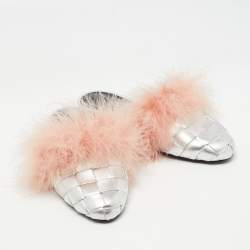 Marco de Vincenzo Silver/Pink Fur and Woven Leather Mules Size 37
