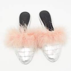 Marco de Vincenzo Silver/Pink Fur and Woven Leather Mules Size 37