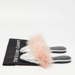 Marco de Vincenzo Silver/Pink Fur and Woven Leather Mules Size 37