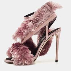 Marco De Vincenzo Pink Satin and Leather Fringed Slingback Sandals Size 38