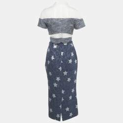 Pre Owned Marina Qureshi Blue Jacquard Tweed Top and Skirt Set S