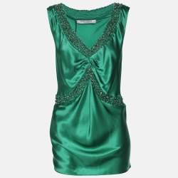 Pre Owned Marina Rinaldi Green Silk Embellished Tops L