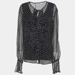 Pre Owned Marina Rinaldi Dark Grey Polk Dots Print Chiffon Ruffle Neck Tops L