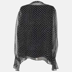 Pre Owned Marina Rinaldi Dark Grey Polk Dots Print Chiffon Ruffle Neck Tops L