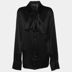 Pre Owned Marina Rinaldi Black Stretch Silk Crystal Embellished Long Sleeve Scarf Neck Shirt L
