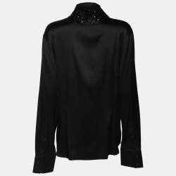 Pre Owned Marina Rinaldi Black Stretch Silk Crystal Embellished Long Sleeve Scarf Neck Shirt L
