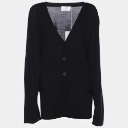 Pre Owned Marina Rinaldi Navy Blue Fleece Wool Knit Button Front Sweater L