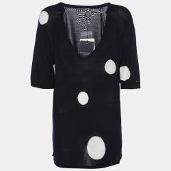 Pre Owned Marina Sport by Marin Rinaldi Navy Blue/White Stretch Knit Polka Dot V Neck Sweater L